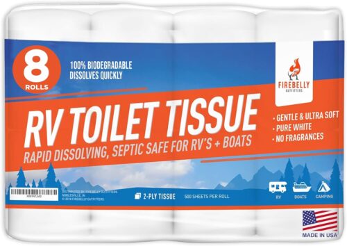 RV Toilet Paper, Septic Tank Safe-MADE IN THE USA- 8 Rolls,2-Ply 500 Sheets - Fast Dissolve Bath Tissue for Camping, Marine, RV Holding Tanks, Biodegradable - Firebelly Outfitters