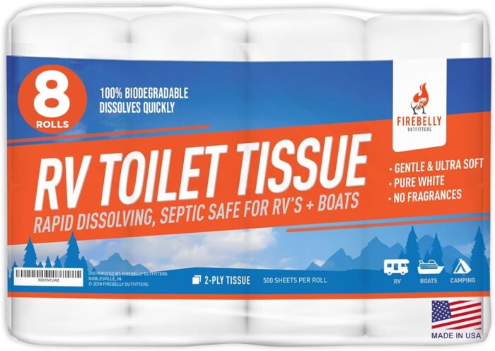 RV Toilet Paper, Septic Tank Safe-MADE IN THE USA- 8 Rolls,2-Ply 500 Sheets - Fast Dissolve Bath Tissue for Camping, Marine, RV Holding Tanks, Biodegradable - Firebelly Outfitters