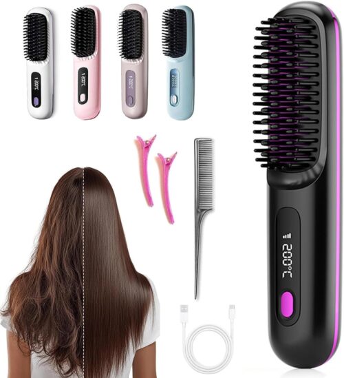 Go Brush Pro 2025 New,Cordless Hair Straightener Brush,Portable Straightener Comb, Straightening Comb Rechargeable Go Travel Hot Combs Mini with Temperature Display for Women(Black)