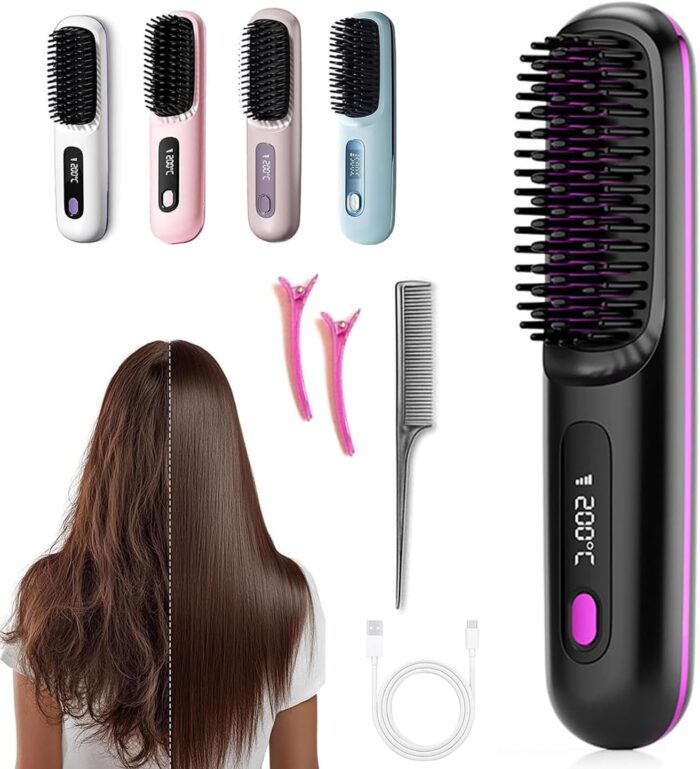 Go Brush Pro 2025 New,Cordless Hair Straightener Brush,Portable Straightener Comb, Straightening Comb Rechargeable Go Travel Hot Combs Mini with Temperature Display for Women(Black)