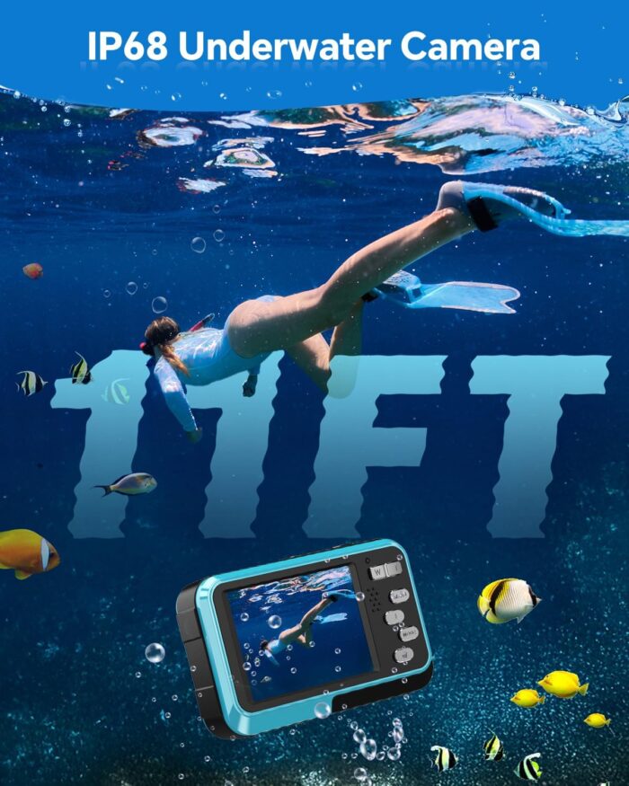 4K Underwater Camera Snorkeling 11FT Waterproof Camera 64MP Autofocus with 32GB Card Dual Screens Selfie 16X Zoom Floatable Compact Digital Camera Waterproof with 2 Batteries (Blue) - Image 3