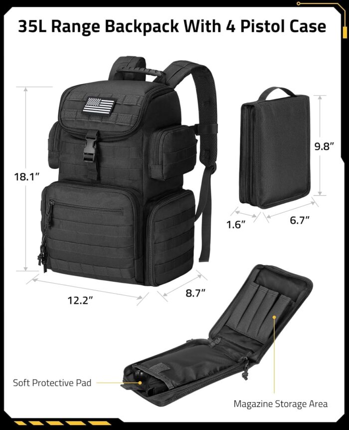 CVLIFE Tactical Range Backpack with Removable Divider, Gun Cases Bag with 4 Pistol Carrying Cases for Handgun and Ammo, Large Military Molle Assault Pack Rucksack for Shooting Hunting, Black - Image 4