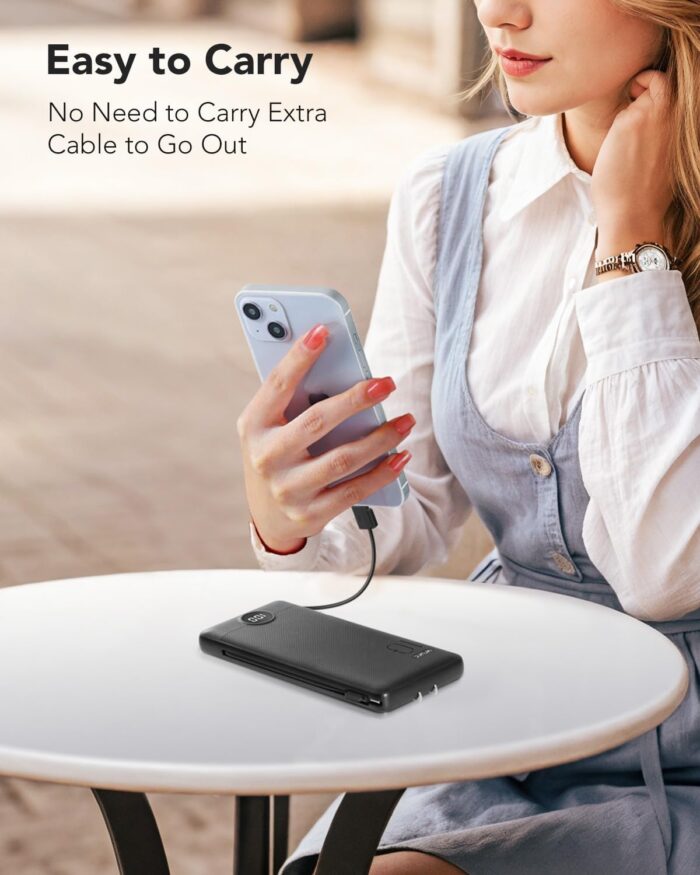 VRURC Portable Charger Built-in Cables and AC Wall Plug, USB C Power Bank 10000mAh, Travel Essentials Phone Charger Compact Lightweight External Battery Pack for Smart Phones, Tablets-Pure Black - Image 5