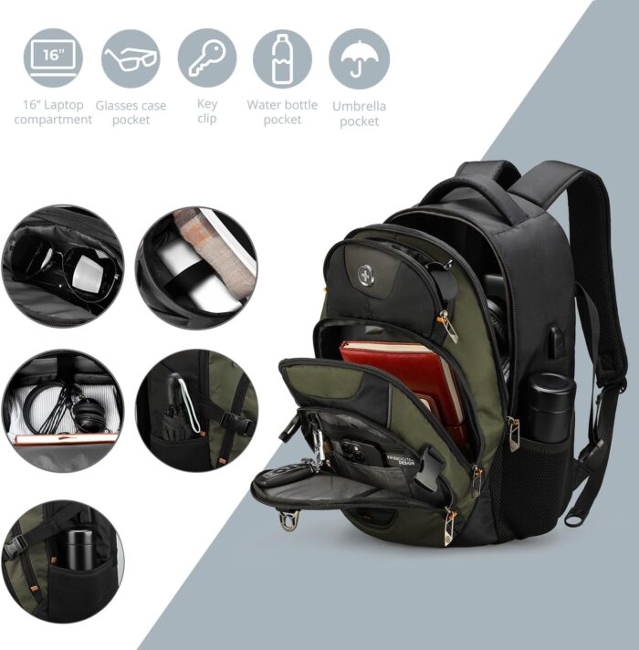 Swissdigital Design Business Laptop Backpack with Smart USB Charging Port, Travel Backpack Fits 15.6 inches Laptops, Water Repellent College Backpack for Men Women, Olive/Black | SD803-26 - Image 3