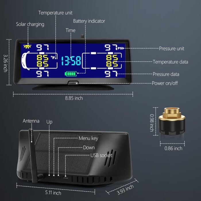 Hieha Tire Pressure Monitoring System, 7.84” Wireless Solar Rv TPMS with 4 Sensors for Travel Trailer Truck Fifth Wheel Motorhome, Real-time Monitoring Pressure and Temperature(0~198 PSI) - Image 6