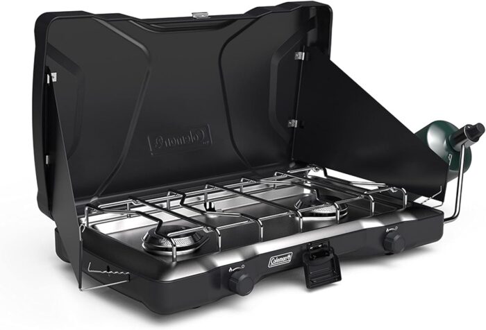 Coleman Triton 2-Burner Propane Stove, Portable Camping Cooktop with 2 Adjustable Burners & Wind Guards, 22,000 BTUs of Power