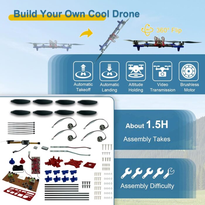 Quadrotor Drone DIY Kit: A Unique STEM Project with Brushless Motor, Optical Flow Hovering, One-Click Takeoff and Landing, and 360° Flip for DIY Enthusiasts to Learn Drone Basics - Image 3