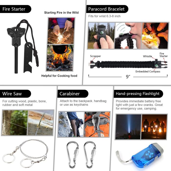 Emergency Survival Kit, 151 Pcs Survival Gear First Aid Kit, Outdoor Trauma Bag with Tactical Flashlight Knife Pliers Pen Blanket Bracelets Compass for Camping Earthquake or Adventures - Image 4