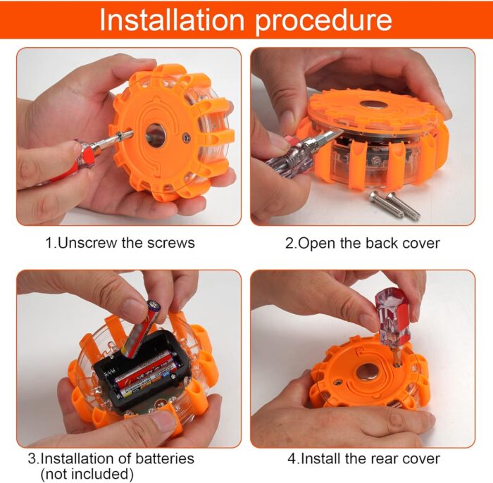 GP903 LED Road Flares Safety Flashing Warning Lights, Magnetic Base Hook Carrying Bag 9 Flash Modes, for Car Truck Boat 3Pack(Batteries not Included) Orange - Image 6