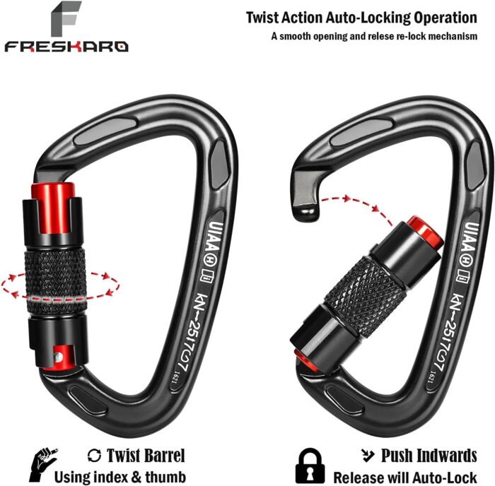 FresKaro UIAA Certified 25KN Auto Locking Climbing Carabiner Clips, Twist Lock, and Heavy Duty Carabiners for Rock Climbing, Rappelling, and Mountaineering, D Shaped 3.93 Inch, Large Size, Black - Image 2