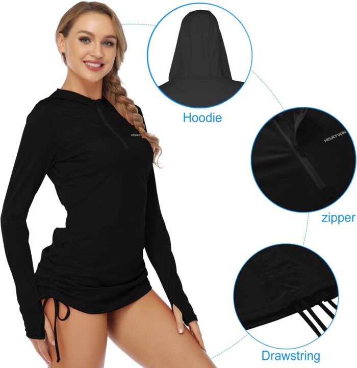 HISKYWIN Womens Hoodie Thumb Hole UV Sun Protection Rash Guard Side Adjustable Wetsuit Swimsuit Top - Image 5