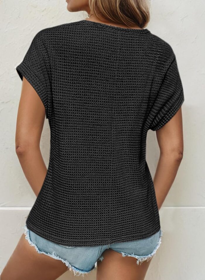 Dokotoo Women's Tops Casual Scoop Neck Short Sleeve Waffle Knit Hollow Out Shirts Loose Tunic Tops Blouses - Image 2