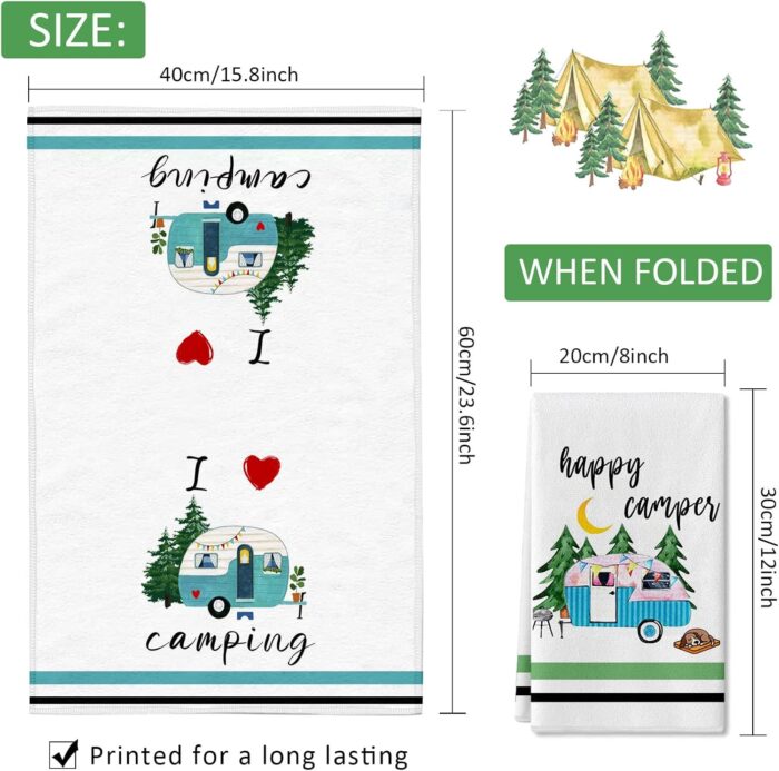 Camping Kitchen Towels Set of 4 Dish Towels Kitchen Hand Towels Kit Printed with Funny Sayings Novelty Gifts for Campers Happy Camper Camping Tent Pine Tree Farmhouse RV Decor Sign Home Decorations - Image 7
