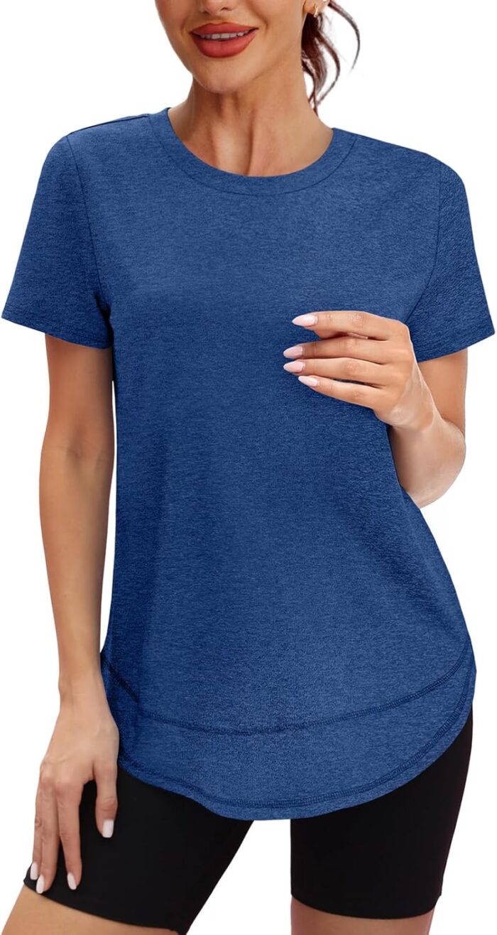 Womens Workout Tops Short Sleeve Shirts with Sun Protection Trendy Spring Summer Outfits S-3XL - Image 2