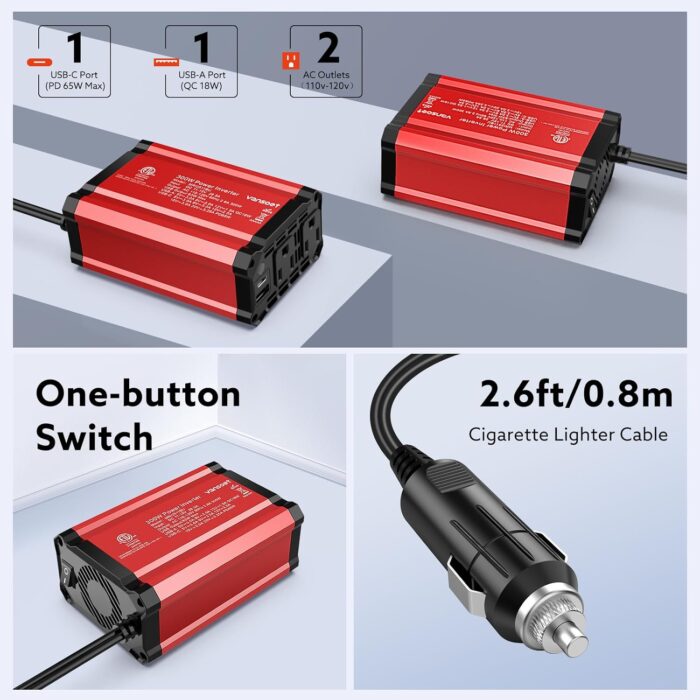 300W Car Power Inverter - Fast Charging PD 65W USB-C & QC3.0 Ports - 12V DC to 110V AC Converter for Vehicles with Multi-Protection - Image 4