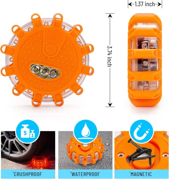 GP903 LED Road Flares Safety Flashing Warning Lights, Magnetic Base Hook Carrying Bag 9 Flash Modes, for Car Truck Boat 3Pack(Batteries not Included) Orange - Image 3