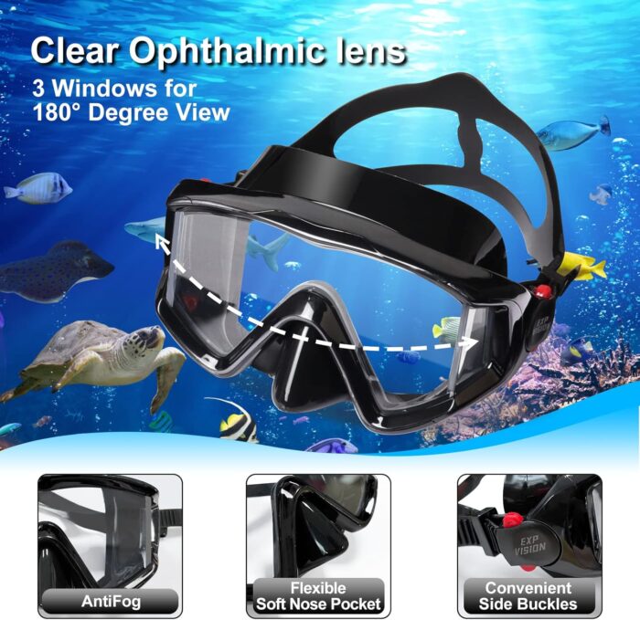 Snorkel Set Pano 3 Window Adult Snorkeling Gear, Professional Snorkel Goggles Anti-Fog Diving Mask, Anti-Leak Swim Goggles and Dry Top Snorkel for Diving, Snorkeling, Swimming - Image 2