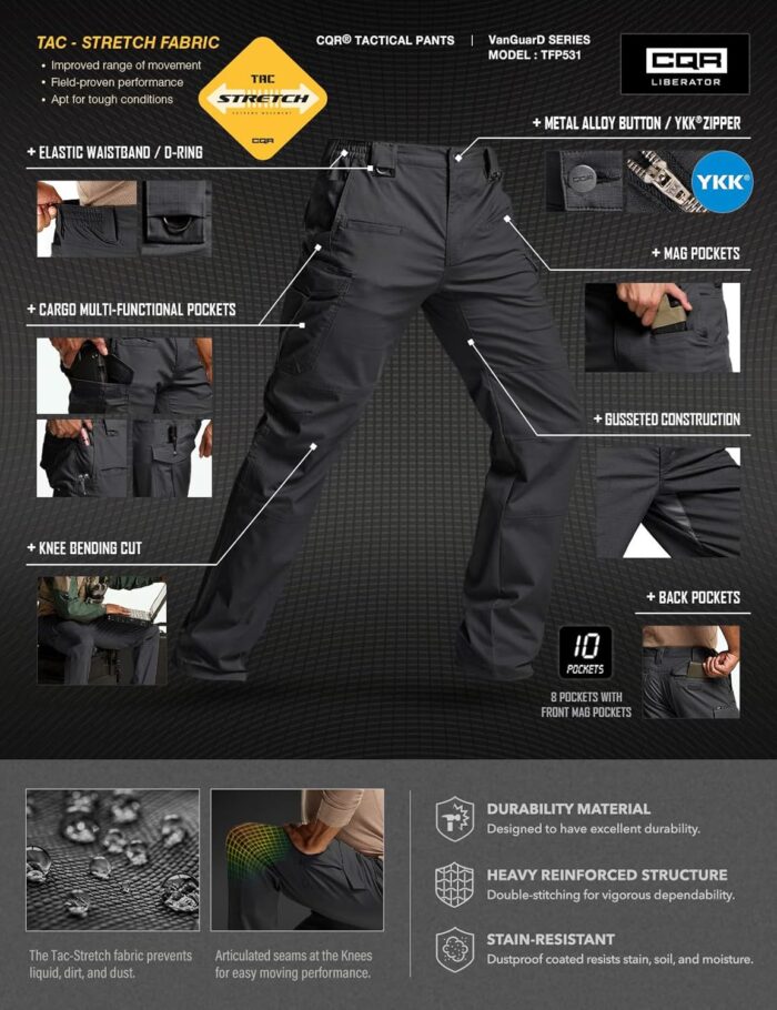 CQR Men's Flex Stretch Tactical Pants, Water Resistant Ripstop Cargo Pants, Lightweight EDC Outdoor Work Hiking Pants - Image 7