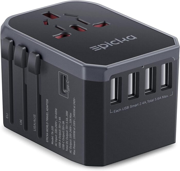 EPICKA Universal Travel Adapter, European Travel Plug Adapter - International Power Adapter Worldwide Charger with USB-C & 4 USB-A Ports, Travel Essentials for Italy, Japan, Europe, UK (TA-105, Grey)