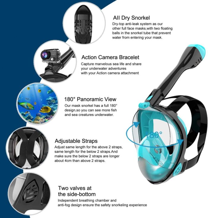 Full Face Snorkel Mask, Diving Mask for Kids and Adults,180° Panoramic View Snorkel Mask with Camera Mount, Safe Breathing, Anti-Leak&Anti-Fog - Image 2