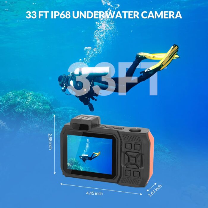 4K Underwater Camera 33 FT Waterproof Camera with Dual Screens Selfie Digital Camera Built-in 2500 mAh Battery 48MP Autofocus Waterproof Digital Camera for Snorkeling, Novice Photographer,Orange - Image 2