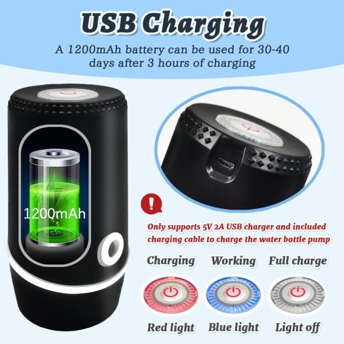 Water Dispenser for 5 Gallon Bottle, Electric Water Pump for 5 Gallon Jug with Switch and USB Charging, Portable Automatic Water Jug Dispenser for Camping, Travel, Home, Kitchen, Office - Image 3