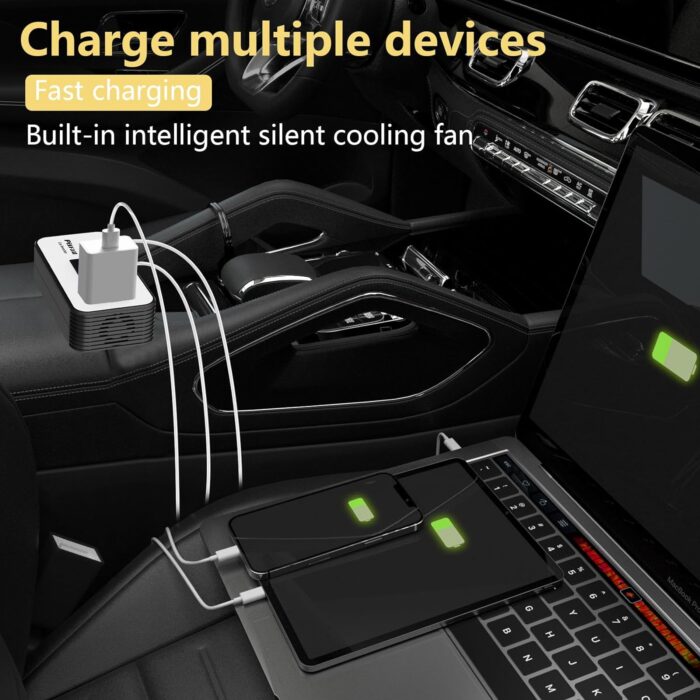 200W Car Power Inverter, PiSFAU DC 12V to 110V AC Car Plug Adapter Outlet with [20W USB-C] /USB-Fast Charger(18W) / 4.8A Dual USB/car Charger for Laptop - Image 2