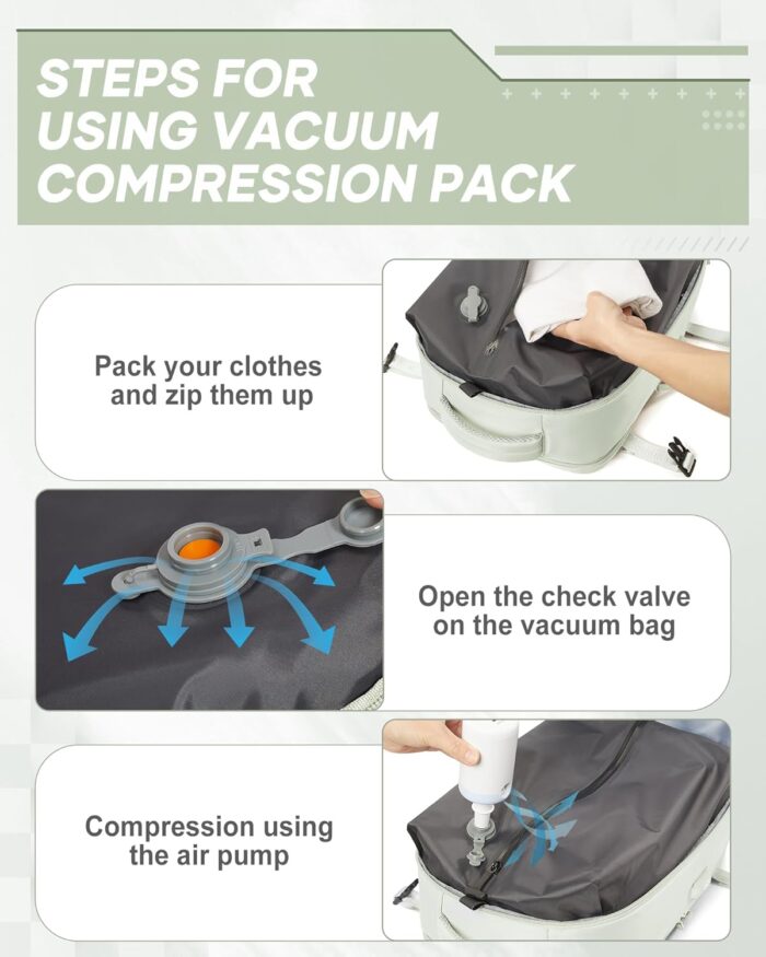 suwasp Vacuum Compression Backpack, 45L Expandable Travel Backpack with Electric Vacpack Pump, Travel Vacuum Bags with Shoe Compartment/17inch Laptop Compartment/USB Port, Mintgreen - Image 4