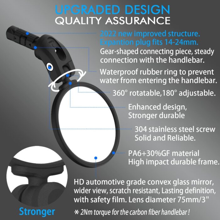 Bike Mirrors,Bike Bar End Mirror, HD Glass Convex Lens Bicycle Rearview Mirror, Safe Cycling Rearview Mirror, Easy to Install - Image 3