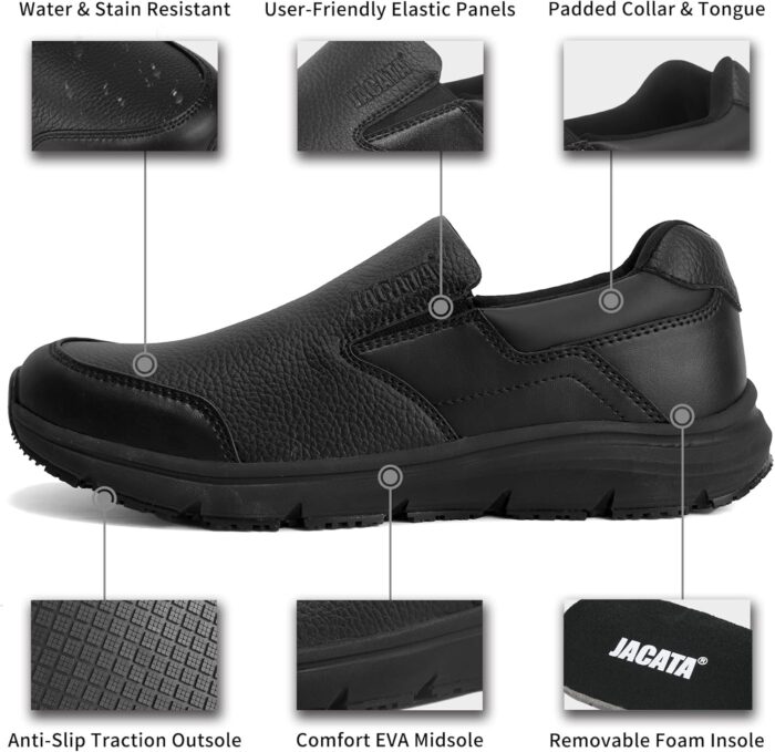 Non Slip Black Work Shoes for Men Food Service Mens Water Slip Resistant Leather Slip on Chef Walking Shoes for Restaurant Kitchen Sneakers - Image 2