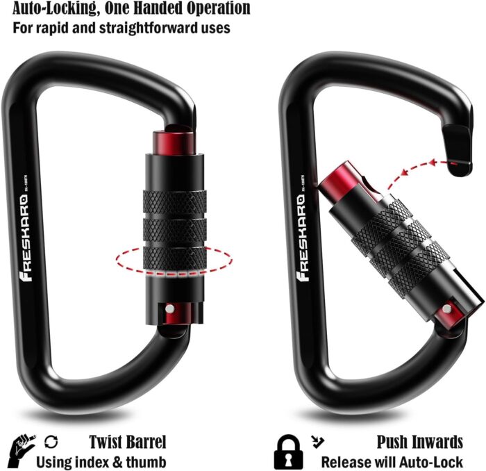 FresKaro 3inch 12kN-2698lbs Auto Locking Carabiner Clips, Solid D Shape, Heavy Duty 7075 Aluminum, Lightweight 1.09oz, Rust Proof, for Hammock, Hiking, Dog Leash, Keychain etc., Multi-Colors - Image 3