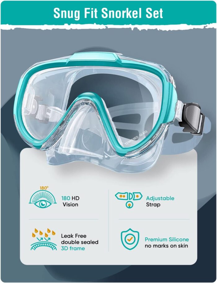 Snorkel Set Adults Snorkeling Gear Anti-Fog Panoramic View Swim Mask Dry Top Snorkel Kit with Carry Bag for Snorkeling Scuba Diving Swimming Travel - Image 2