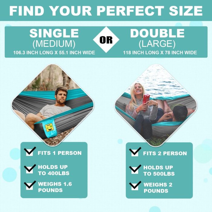 SZHLUX Camping Hammock Double & Single Portable Hammocks with 2 Tree Straps and Attached Carry Bag,Great for Outdoor,Indoor,Beach,Camping,Light Grey / Sky Blue - Image 2