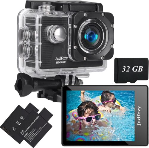 Action Camera FHD 1080P with 32GB Card, 98FT/30M Underwater Waterproof Camera with 2 Rechargeable Batteries, Wide Angle Sports cam with Accessories Kit Suitable for Helmet, Bicycle, etc.