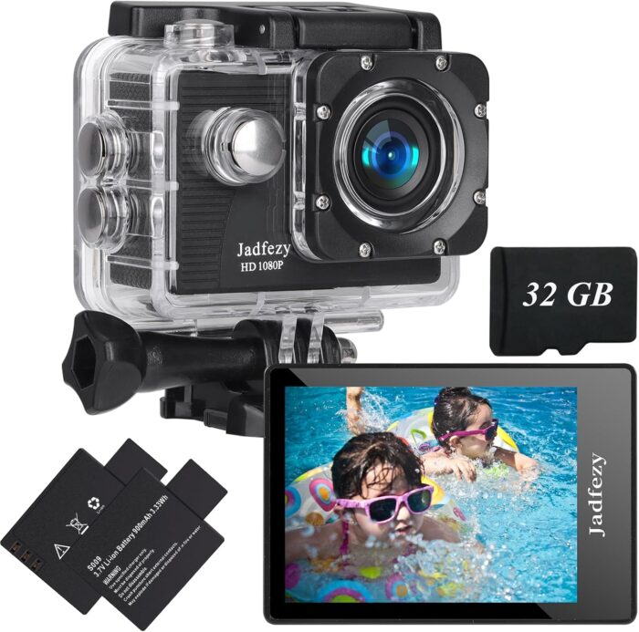 Action Camera FHD 1080P with 32GB Card, 98FT/30M Underwater Waterproof Camera with 2 Rechargeable Batteries, Wide Angle Sports cam with Accessories Kit Suitable for Helmet, Bicycle, etc.