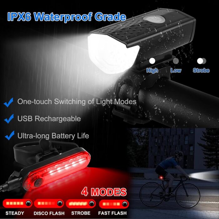 8 Pack Bicycle Accessories, Bike Light Set USB Rechargeable, 1 Bike Water Bottle Holder, Bike Bag and 1 Bike Aluminum Bicycle Bell,Pump - Image 3
