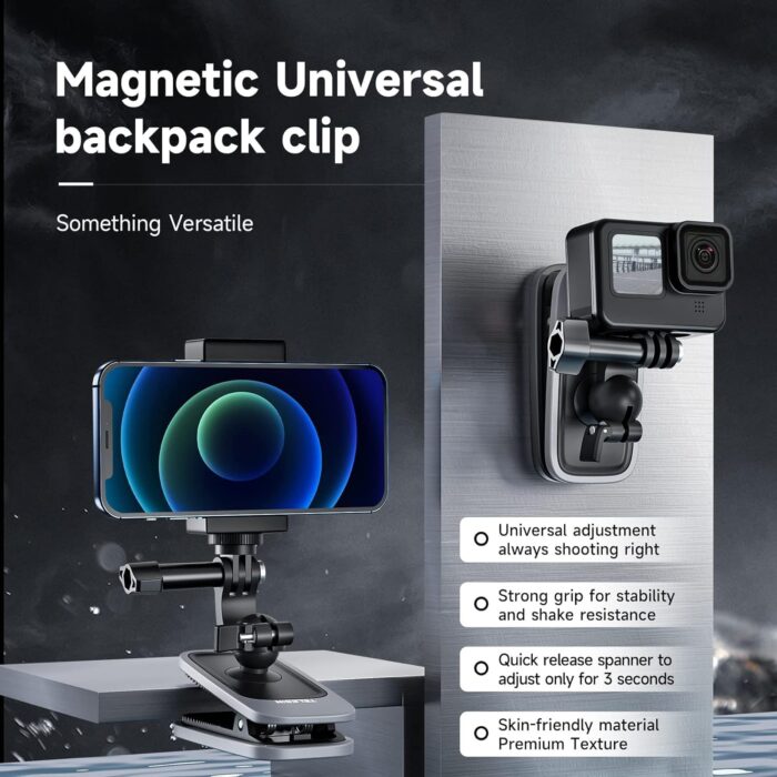 TELESIN Magnetic Mount, 360° Rotating Backpack Clip with Phone Holder for Go Pro iPhone Accessories for Hero 13 12 11 10 Akaso Insta360 X5 X4 X3 Ace Pro 2 DJI Action 5 Pro 4 3 Pocket 3 Bike Motorcycle - Image 2