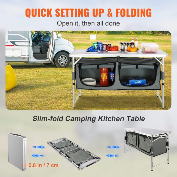 VEVOR Camping Kitchen Station, 3 Adjustable Height Folding Outdoor Camp Cooking Table with Storage Organizer, Quick Set-up for Patio BBQ Picnic Glamping Traveling - Image 5
