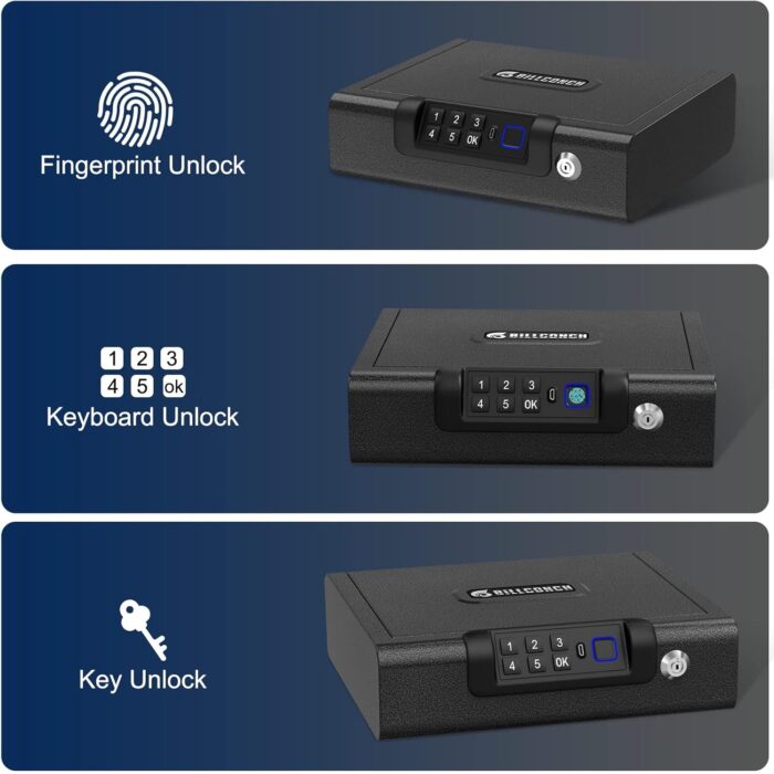 Biometric Gun Safe for Pistols 3-Ways unlock Fingerprint Digital PIN Key Unlock Handgun Safe with Sound, Lock box for Cloakroom living room Bedroom Nightstand and Car BILLCONCH - Image 2