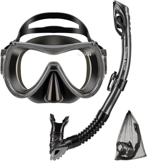 OutdoorMaster Mobula Snorkeling Gear for Adults, Diving Mask and Snorkel Set with Tempered Glass Anti-Fog, TOP Dry Snorkel for Diving Snorkeling Swimming