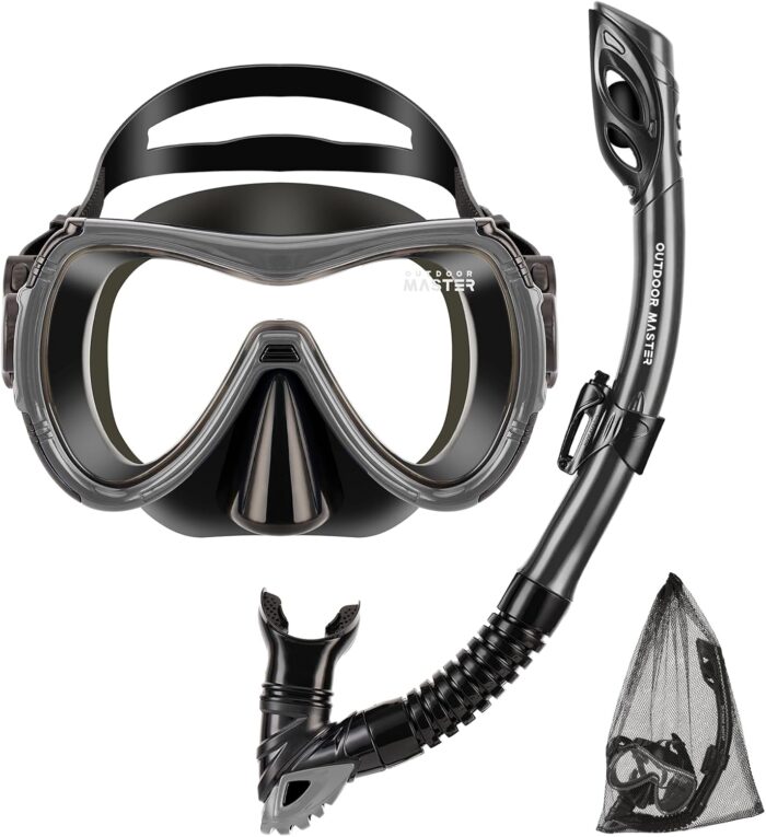 OutdoorMaster Mobula Snorkeling Gear for Adults, Diving Mask and Snorkel Set with Tempered Glass Anti-Fog, TOP Dry Snorkel for Diving Snorkeling Swimming