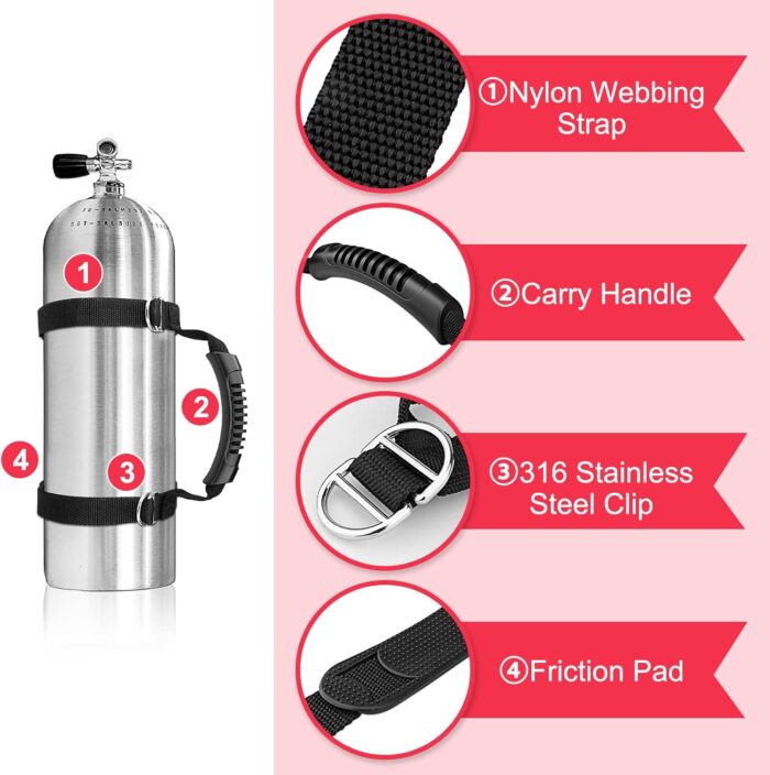 Scuba Diving Tank Carrier, Heavy-Duty Webbing 316 Stainless Steel Adjustable Tank Holder Air Cylinder Carrier Strap with Ergonomic Handle, Non-Slip Pad, and Dive Flag Design Black - Image 5