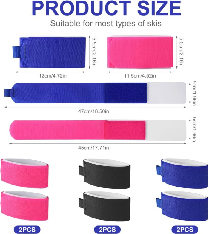 6pcs Ski Fastener Straps, Adjustable Ski Wraps Straps Ski Fastener Tape Ski Storage Ties with Protective Pad for Winter Sports Accessories (Rose Red, Blue, Black) - Image 2