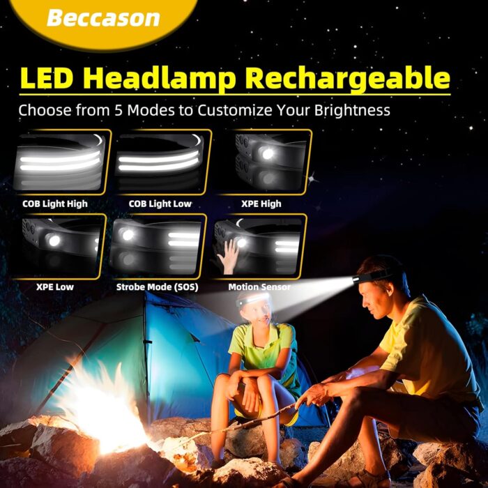 LED Headlamp Rechargeable 2PCS - 230° COB Super Bright Head Lights for Forehead, Hard hat Light for Adults, USB C Headband Flashlight for Work, Hiking, Running, Camping Essentials Gear - Image 3