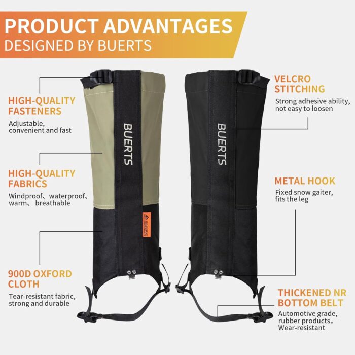 leg gaiters, waterproof hiking gaiters made of 900D nylon, equipped with highly wear-resistant adjustable foot straps, suitable for men or women, mountaineering, skiing, hunting and snowshoeing - Image 3