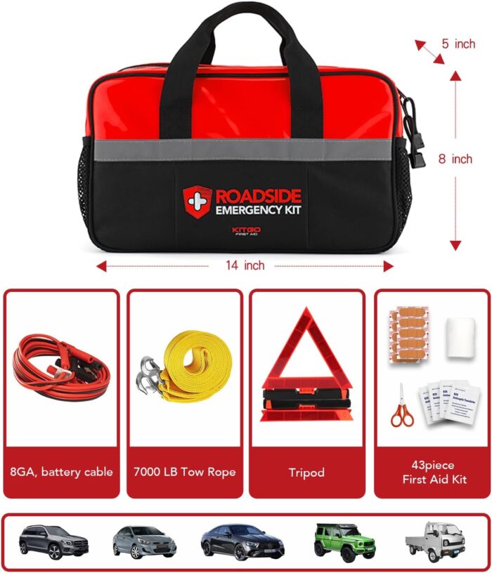 Kitgo Car Emergency Kit,Premium Roadside Assistance Essentials with Jumper Cables, Flashlight, Shovel, Screwdriver Set - Ideal Auto Road Safety Kit, Survival, Truck, RV and More Gift for Father (Red) - Image 4