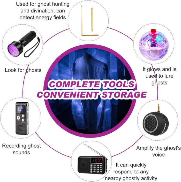 Dunzy 11 Pcs Ghost Hunting Equipment Kit Include Ghost Radio, Electromagnetic Paranormal Radiation Detector, Voice Recorder, UV Flashlight 2 LED Light up Cat Balls Etc(Emf Meter) - Image 6