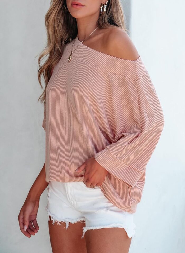 EVALESS Sexy Off The Shoulder Tops for Women 3/4 Length Sleeve Womens Tops Spring Summer 2025 Boat Neck One Shoulder Shirts - Image 3