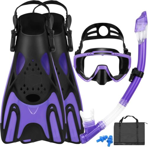 Mask Fins Snorkel Set, Snorkeling Gear for Adults, Panoramic View Diving Mask Anti-Fog, Anti-Leak, Dry Top Snorkel and Dive Flippers with Travel Bag for Snorkeling Swimming