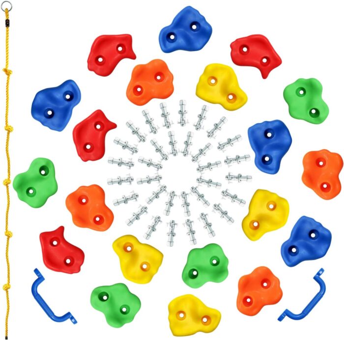 Rainbow Craft DIY Monkey Rock Climbing Holds for Kids - Wall Climbing Rocks of 20pc Rock Wall Holds, 2pc Handles & 1pc 8ft Knotted Climbing Rope - Kids Rock Climbing Holds Rock Wall Climbing Kit - Image 2